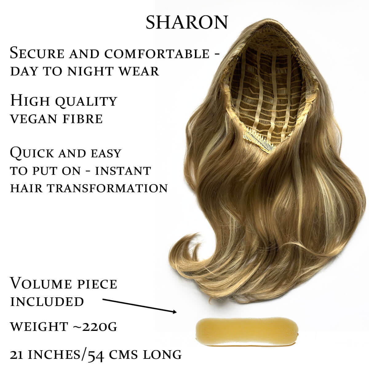 Hair extension product with features listed on a white background. Half wig hairpiece, long and wavy, Flexihair (Heat styleable) and volume ring for high crown: Sharon blonde 24H613
