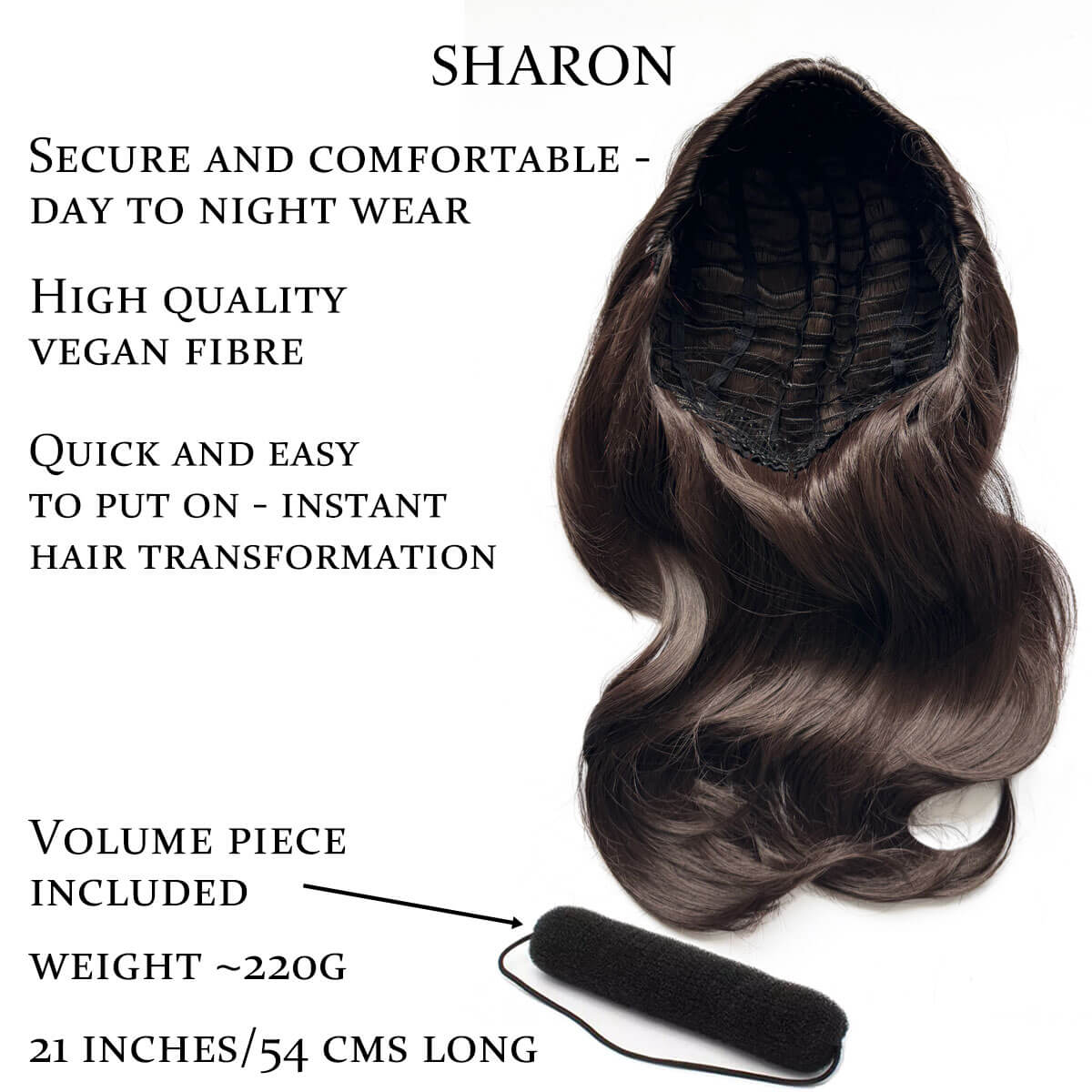 Hair extension with features listed on a white background. Half wig hairpiece, long and wavy, Flexihair (Heat styleable) and volume ring for high crown: Sharon brown 6