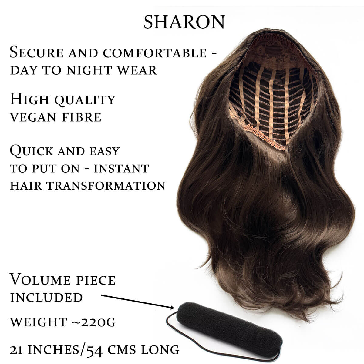 Hair extension with features listed on a white background. Half wig hairpiece, long and wavy, Flexihair (Heat styleable) and volume ring for high crown: Sharon chestnut brown 8