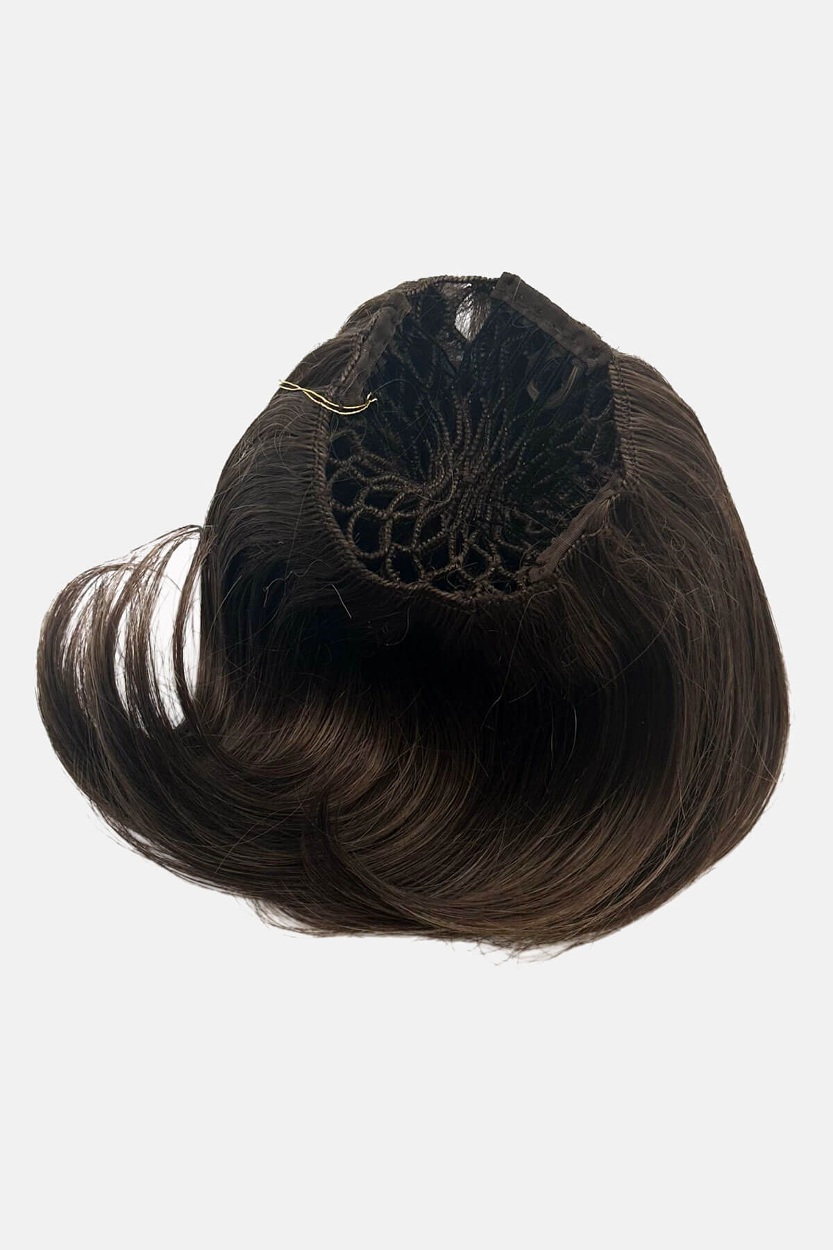 Brown hair extension on a white background.  Beehive hairpiece hair height booster, Flexihair: Pixi chocolate brown 6