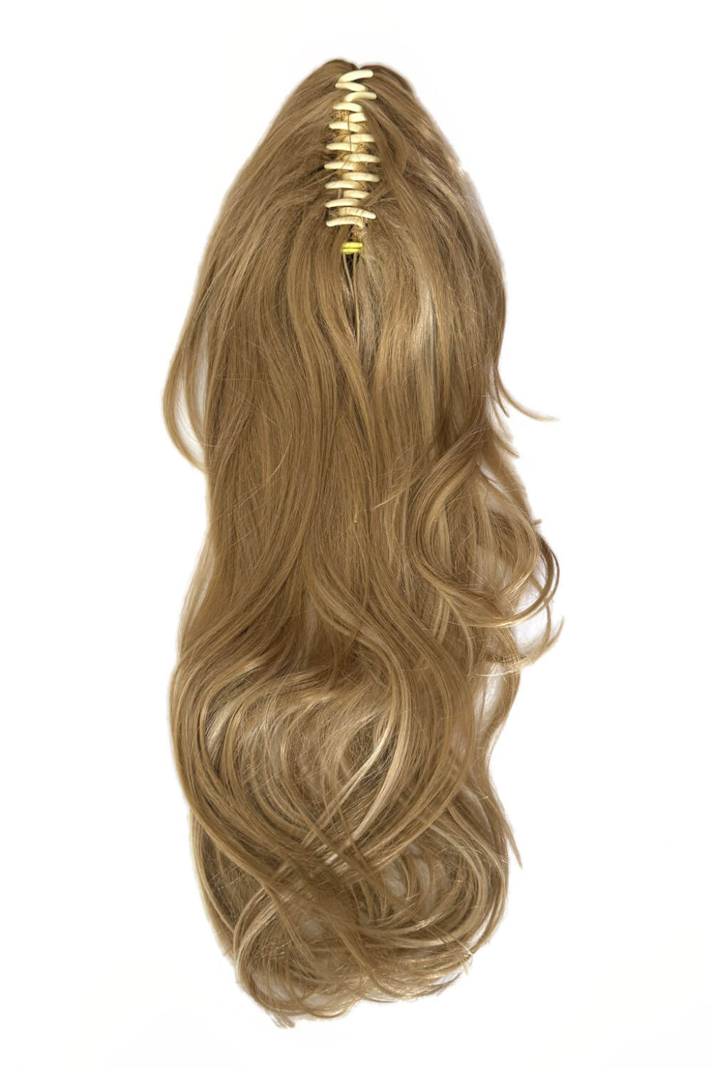 Blonde hair extension with a clip on a white background