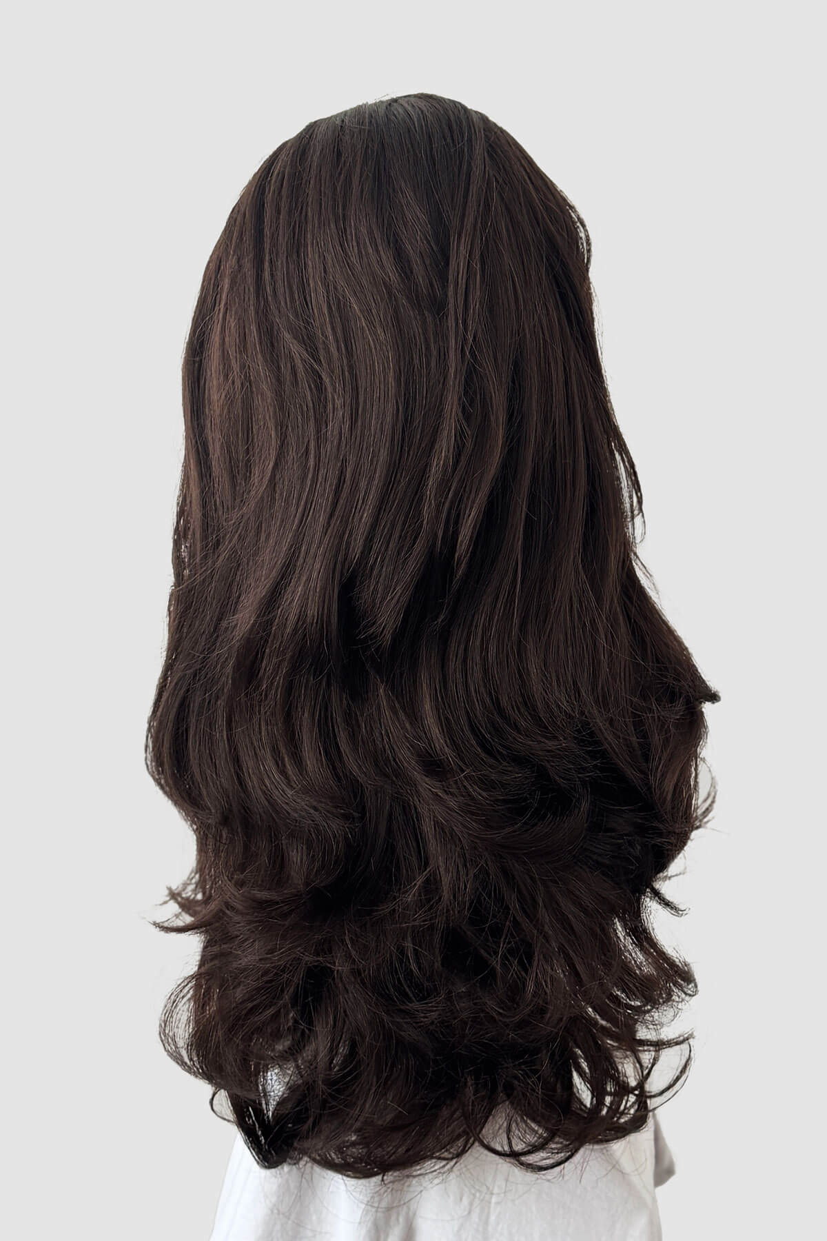 Long brown wig on a mannequin head against a white background. Chelsea - Super Full Volume, Extra Long Loose Curls Brown  Half Wig dark chocolate brown 6