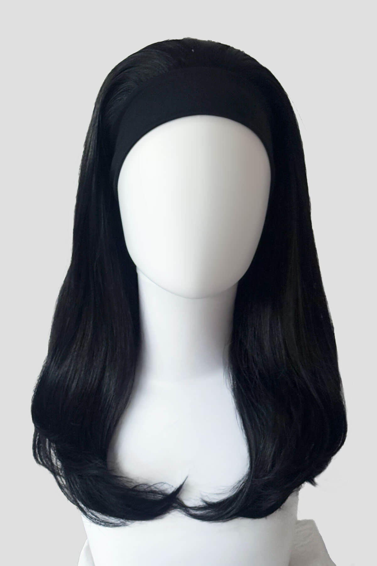 Black wig on a mannequin head against a white background. Headband half wig hairpiece, long and straight: Isla black 1B