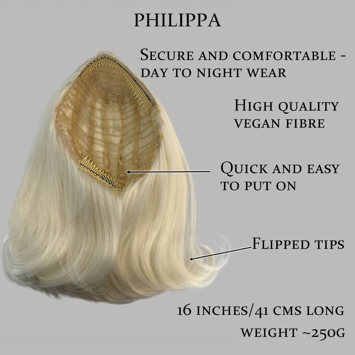Blonde hair extension with features labeled on a gray background. 1960s half wig hairpiece, flicked, hair flip: Philippa Platinum blonde 1001