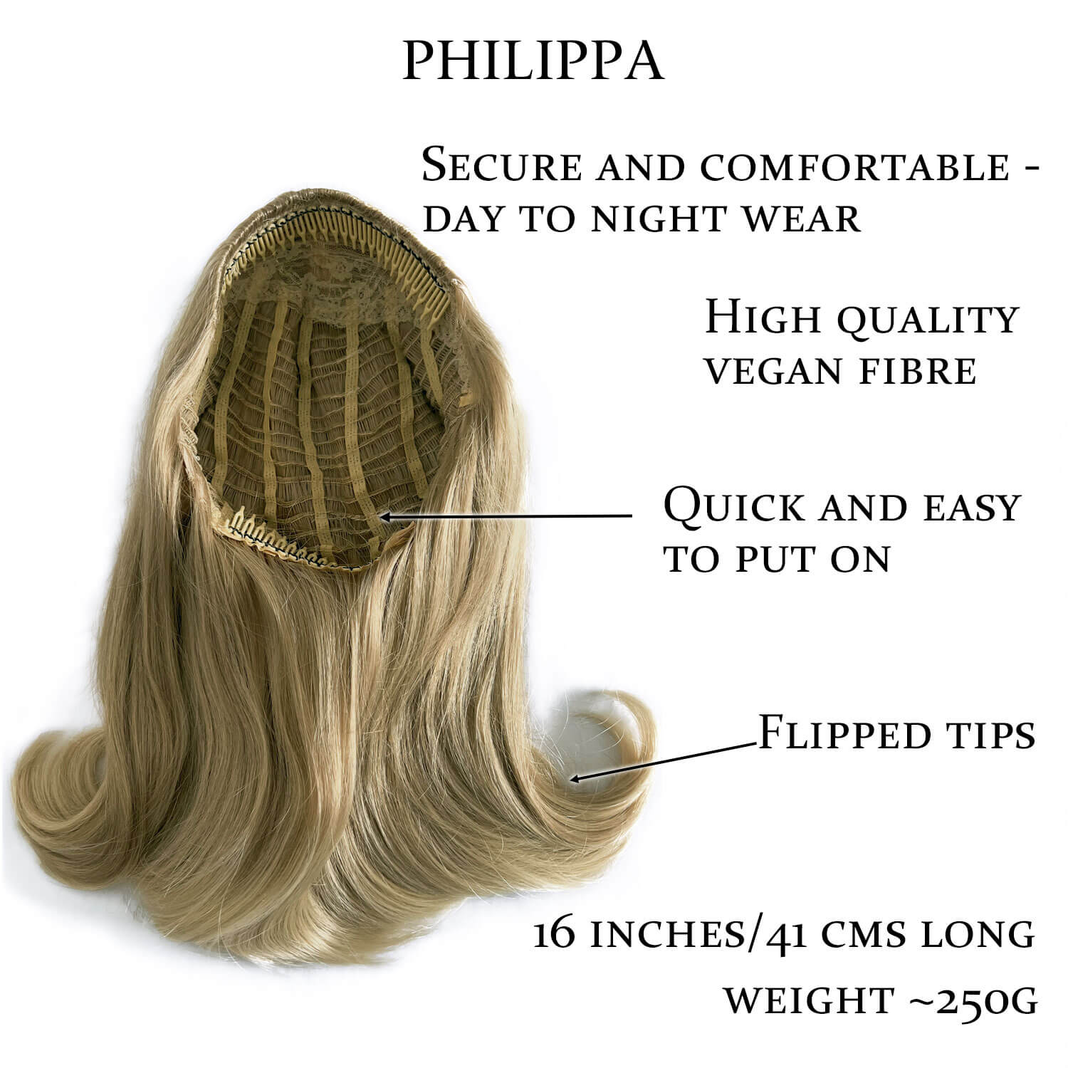 Blonde hair extension with features labeled on a white background. 1960s half wig hairpiece, flicked, hair flip: Philippa blonde 613T24 