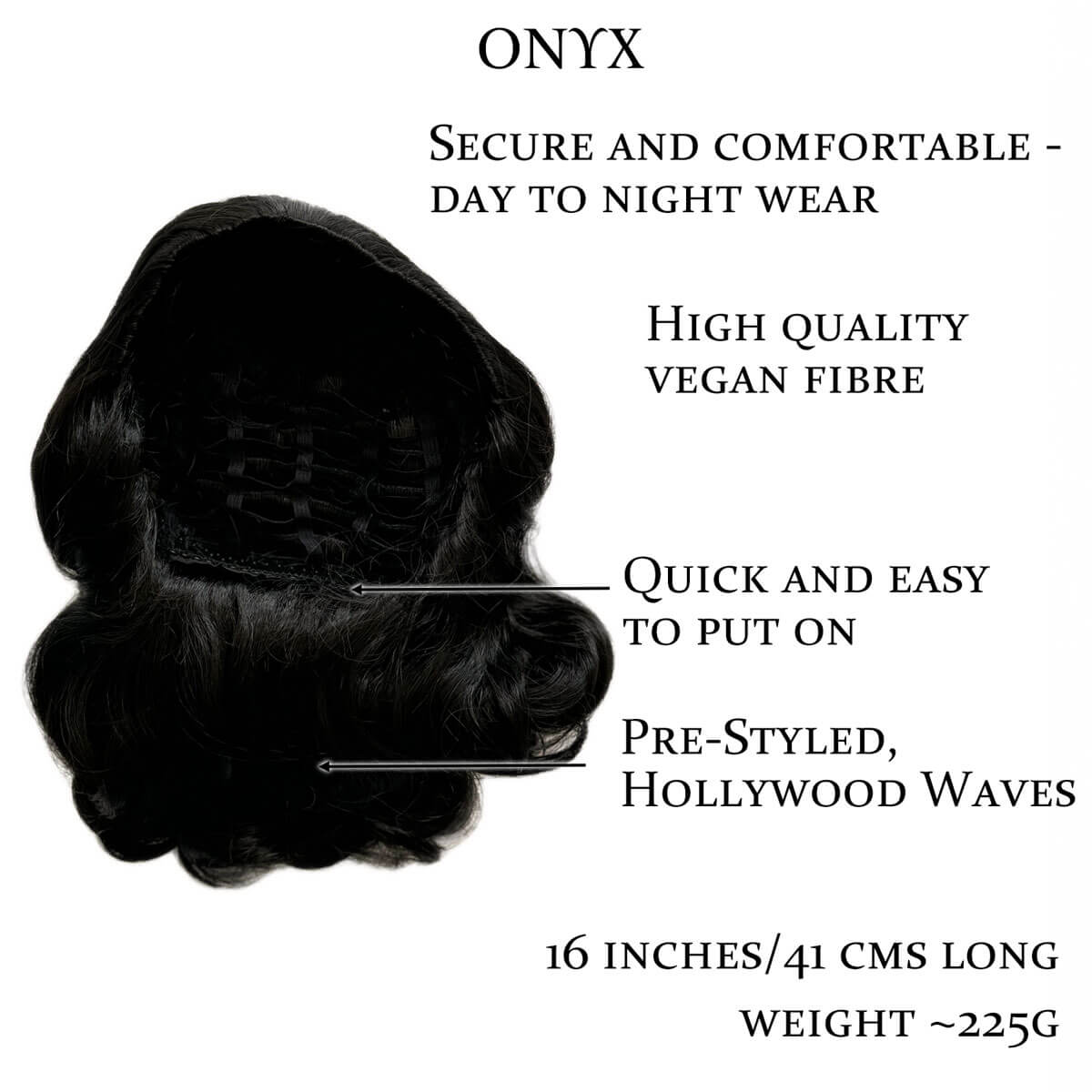 Black hair extension with features listed on a white background. 1950s style shoulder length half wig hairpiece with beautiful vintage waves: Onyx colour black 1B