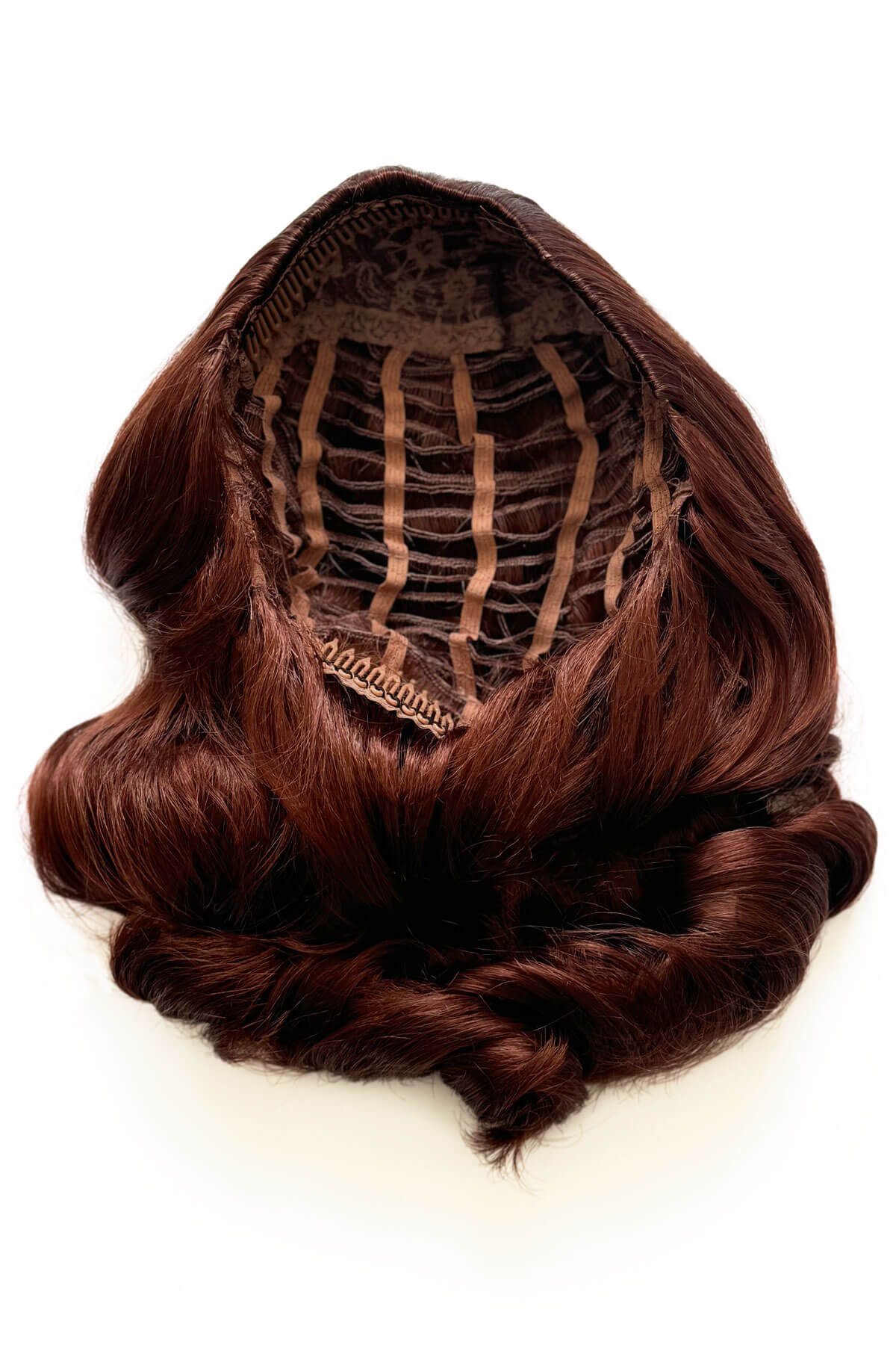 Brown wig with a lace front on a white background. 1950s style shoulder length half wig hairpiece with beautiful vintage waves: Onyx copper red 130