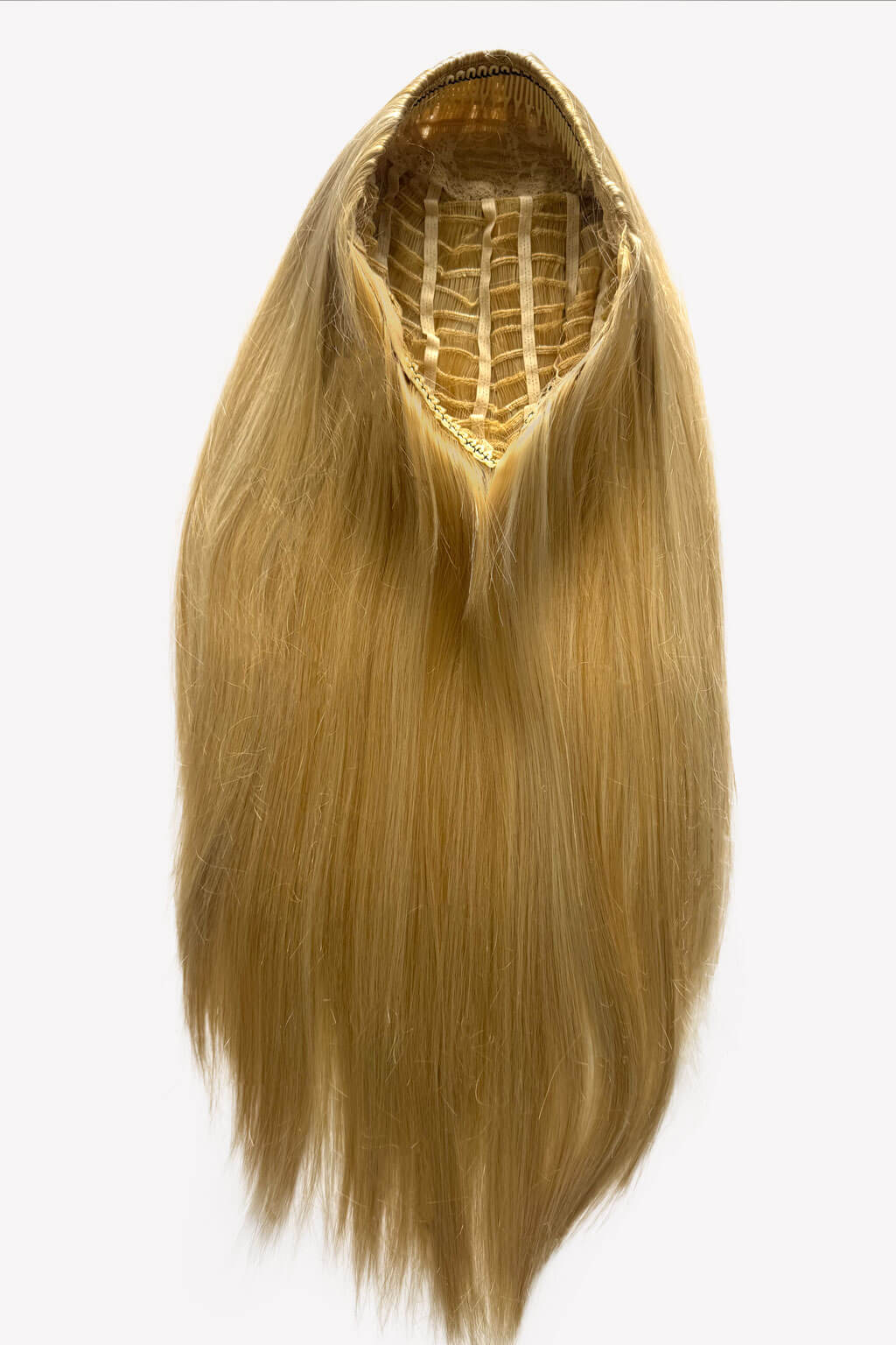 Blonde hair extension on a white background. 1960s style hair, high crown long straight half wig: Andrea blonde 24B613