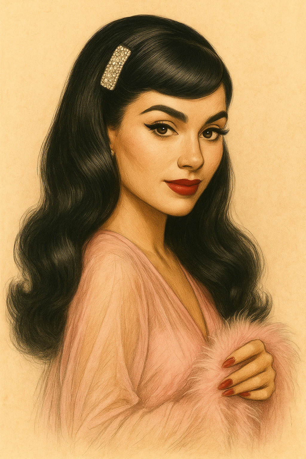 Illustration of a woman with wavy hair and a pink dress on a beige background