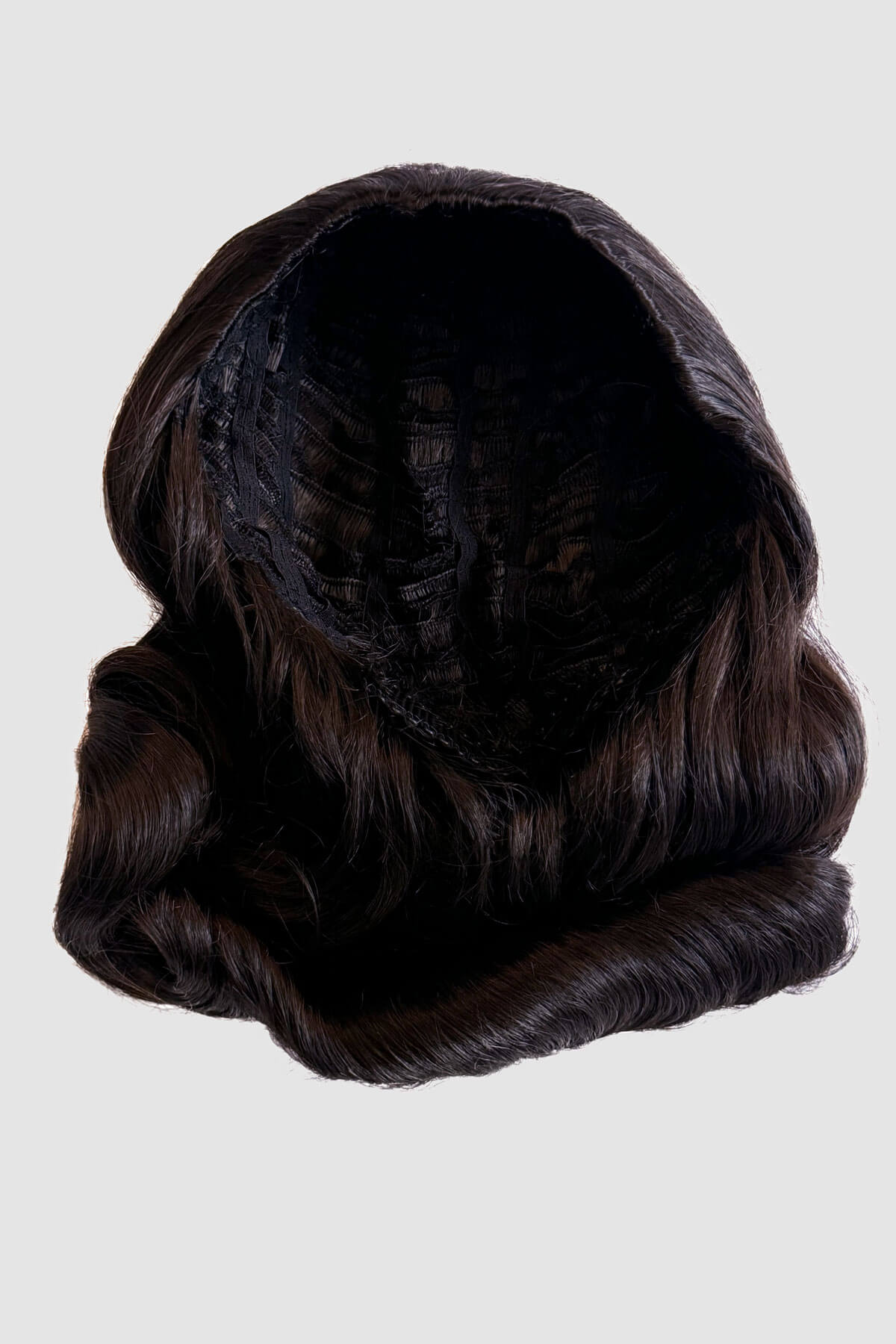Black wig on a mannequin head against a white background. 1940s style half wig hairpiece with beautiful marcel waves: Virginia dark brown 4
