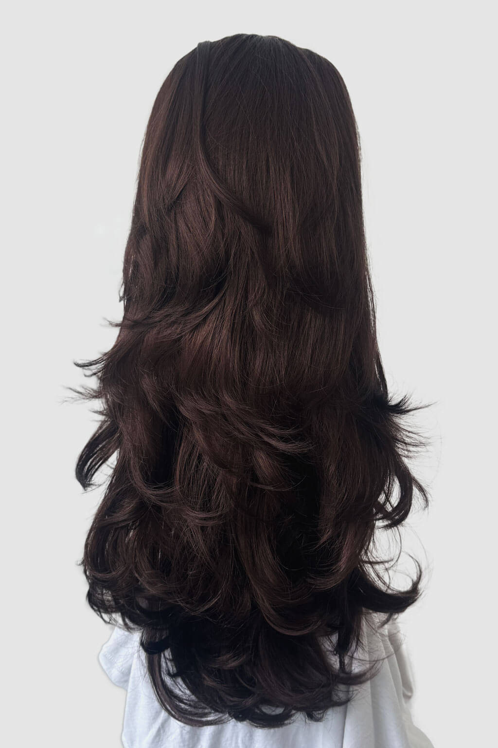 Long, dark brown wig on a white background - High crown long, layered half wig and volume ring: Helena chestnut brown 8