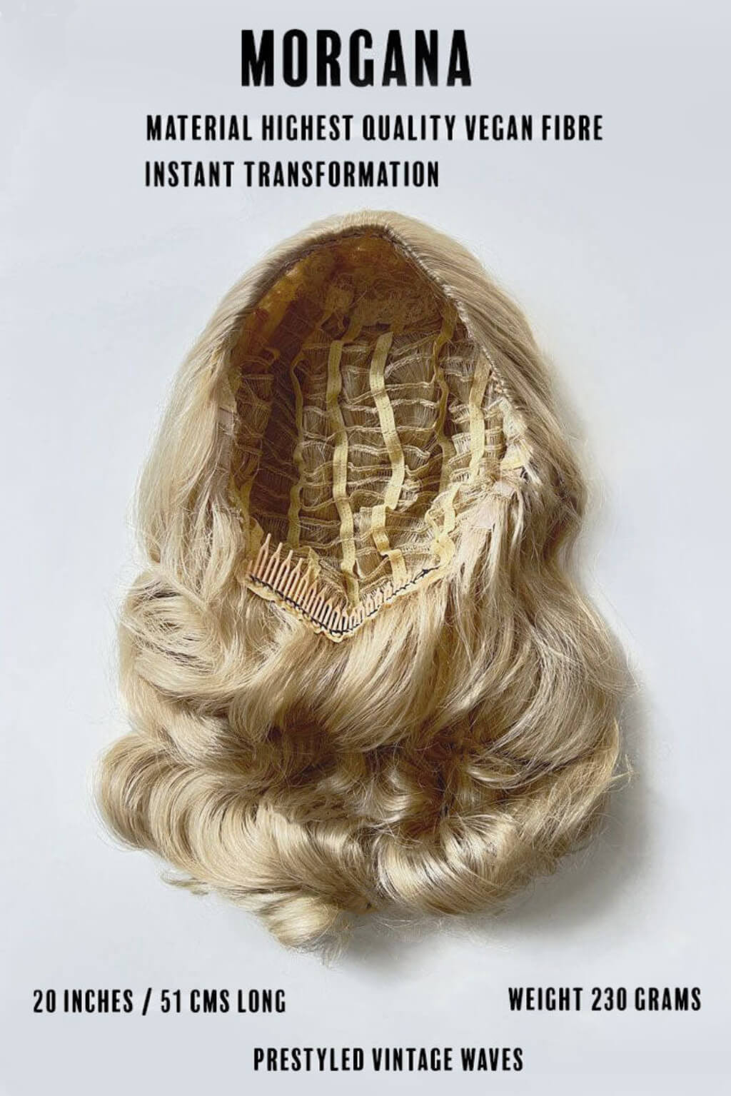 Wig with a lace front on a light grey background, featuring text about the product's material and features.