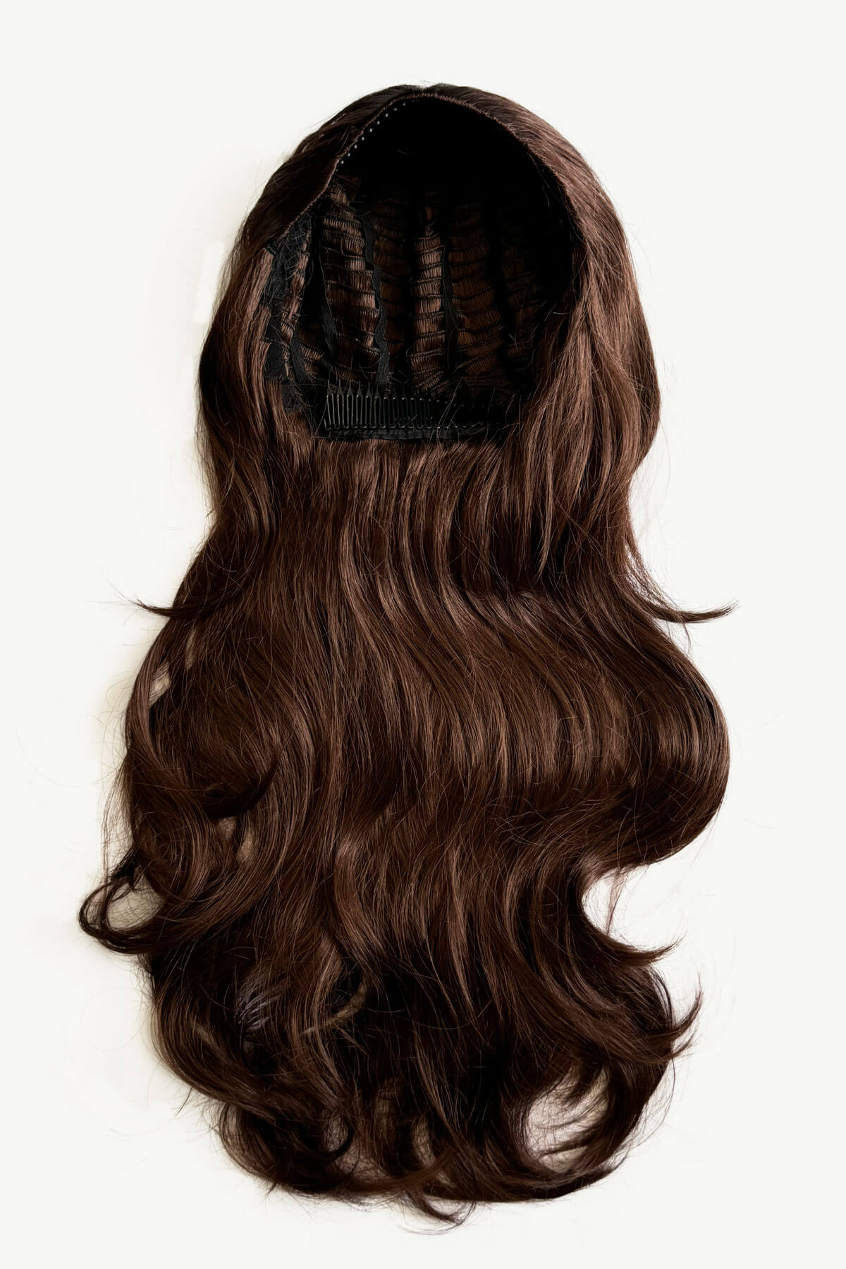 Reddish brown half wig hairpiece with long, gentle waves: Heather