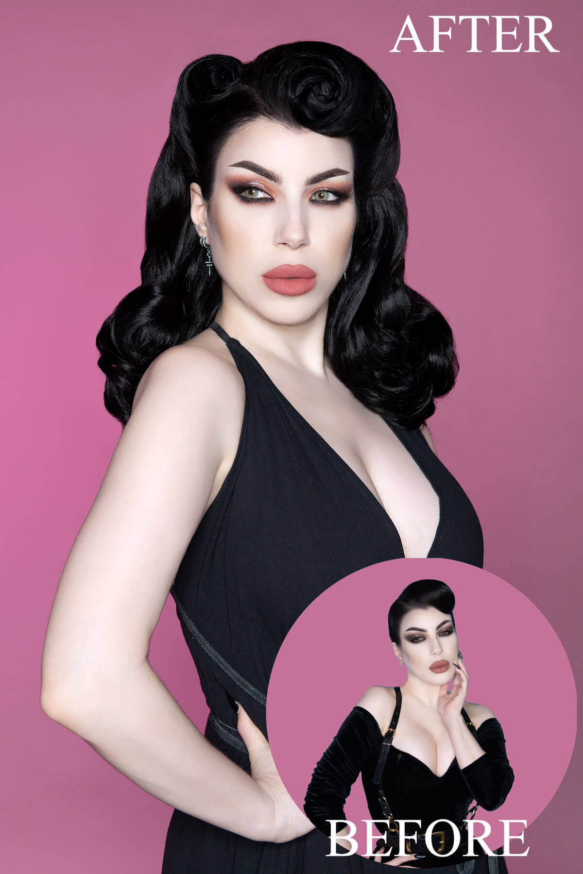 Woman in a black dress with makeup, 'After' on pink background, 'Before' inset. 1950s style shoulder length half wig hairpiece with beautiful vintage waves: Onyx ginger