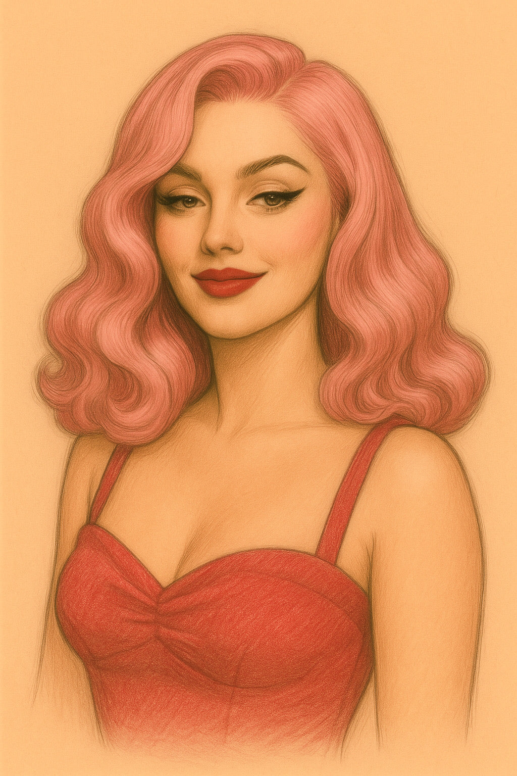 Illustration of a woman with pink hair and a red dress on a peach background