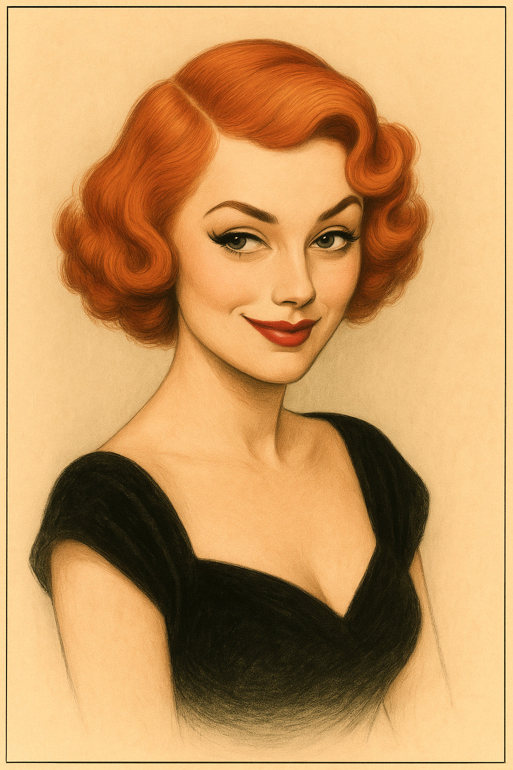 Illustration of a woman with red hair and a black dress on a beige background