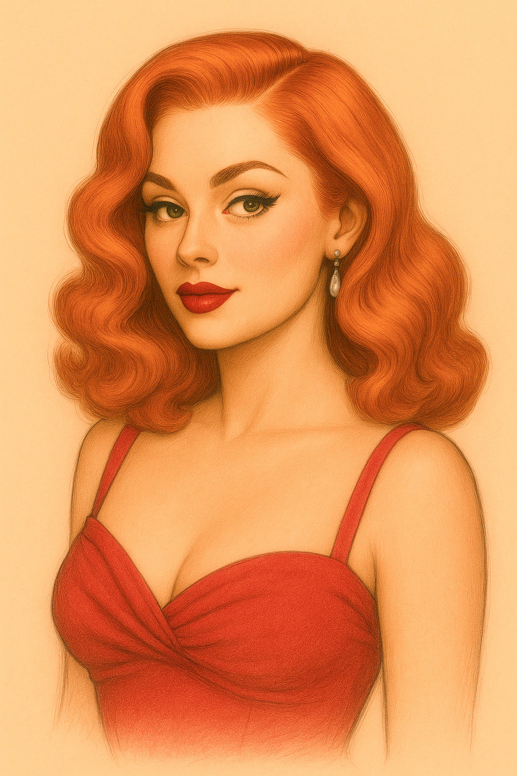 Illustration of a woman with red hair and a red dress on a beige background