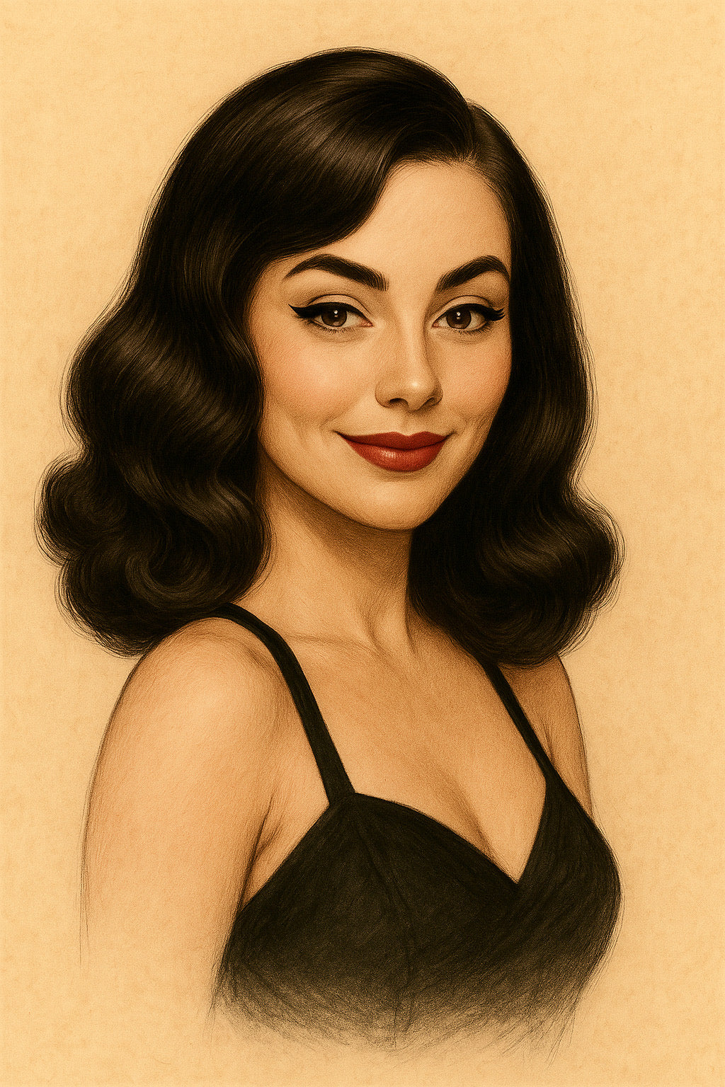 Illustration of a woman with vintage-style hair and makeup on a beige background