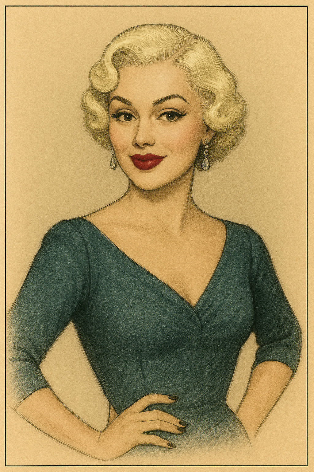 Illustration of a woman in a blue dress with a beige background