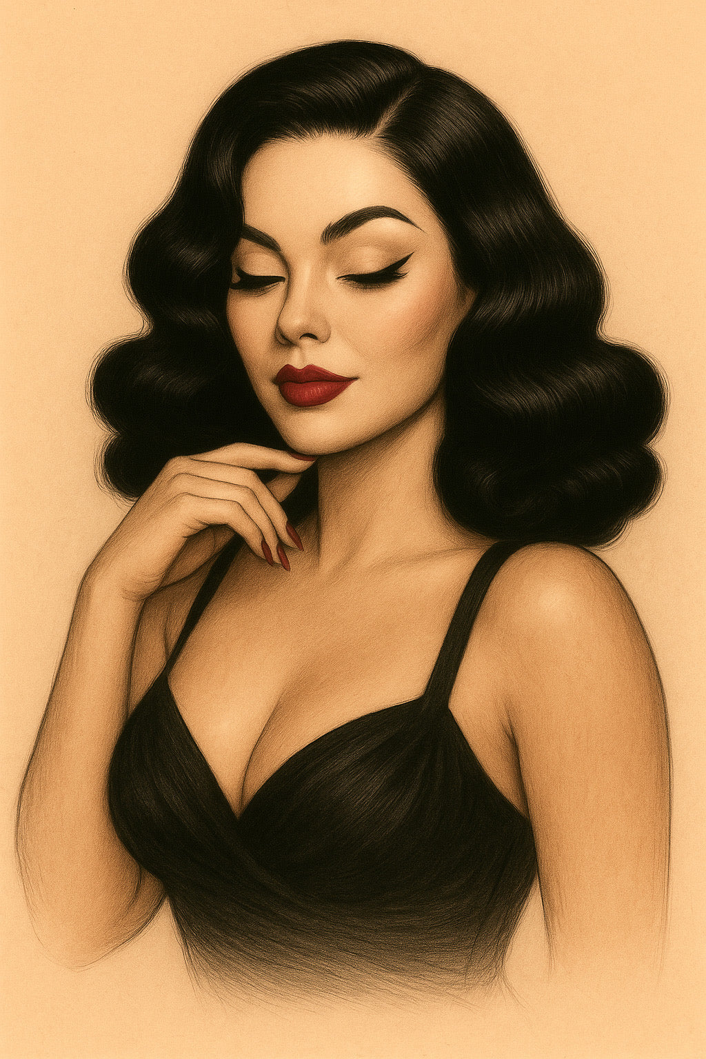 Artistic illustration of a woman with vintage-style hair on a beige background
