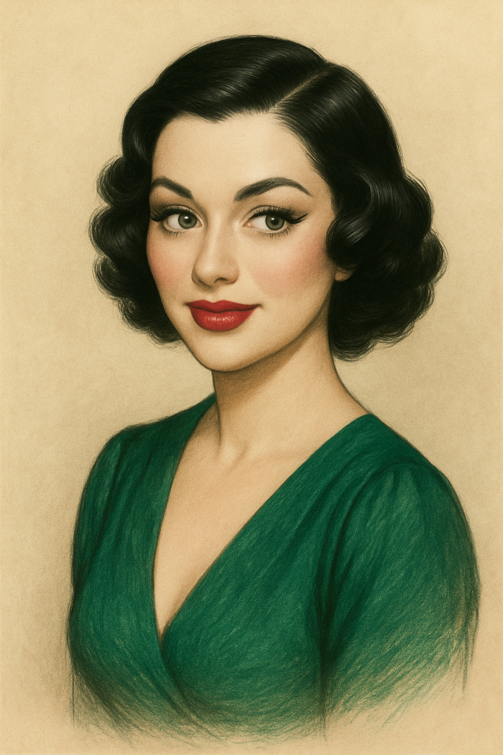 Portrait of a woman with vintage-style hair and makeup, wearing a green dress on a beige background.