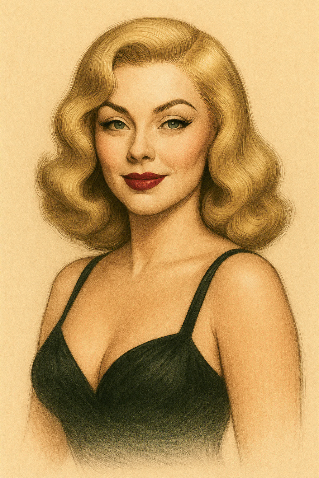 Illustration of a woman with blonde hair and a black dress on a beige background