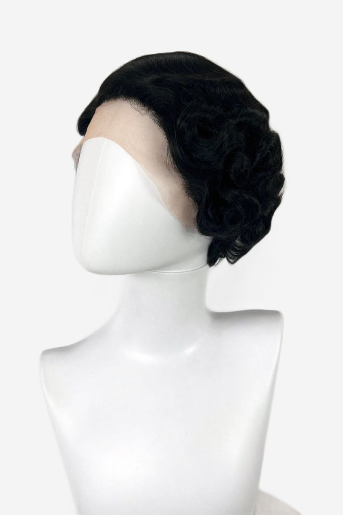 Black lacefront wig, pinup/vintage style, short with finger waves: Viola