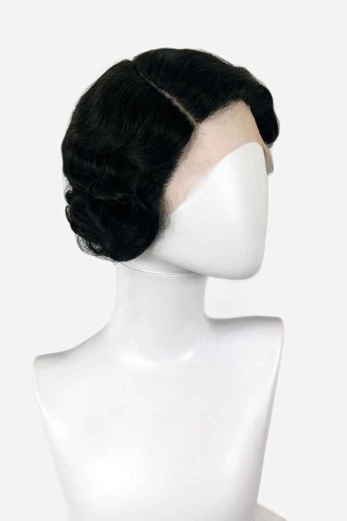 Black lacefront wig, pinup/vintage style, short with finger waves: Viola