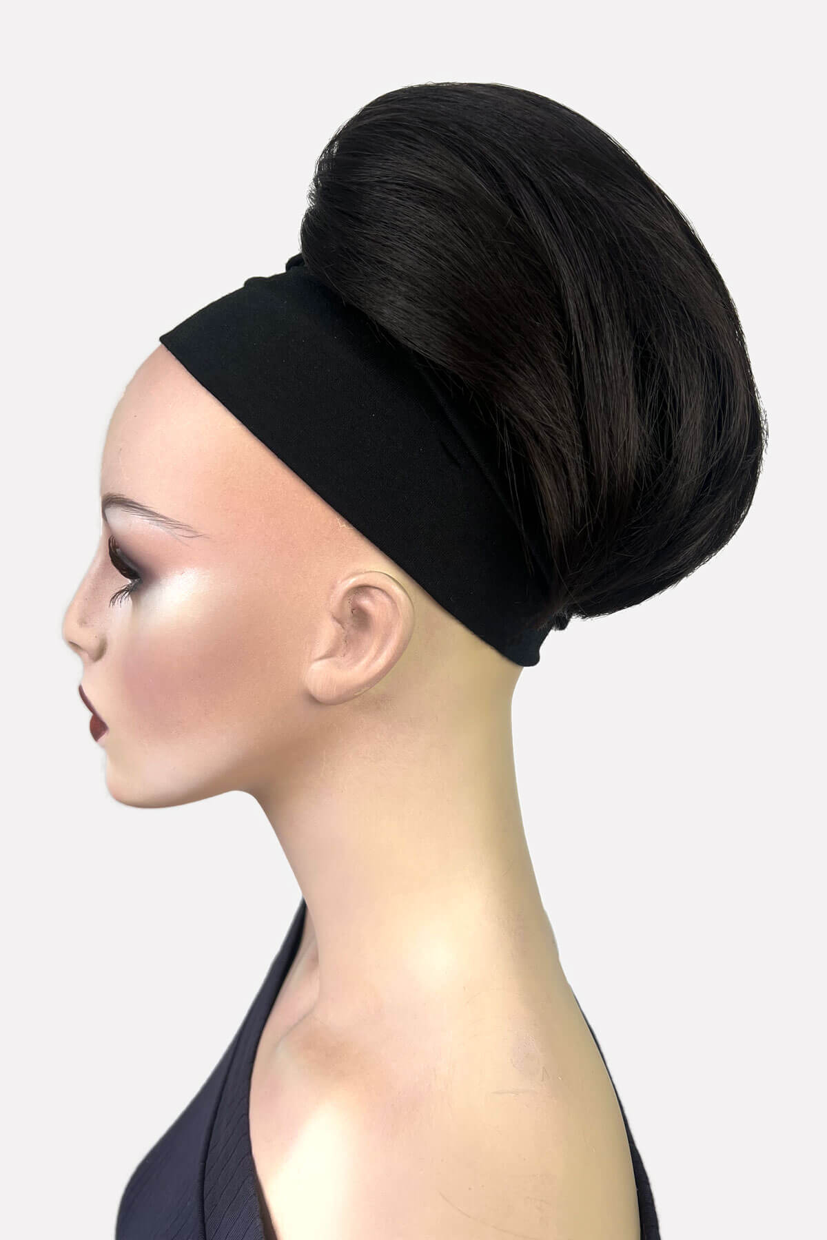 Mannequin with short beehive ponytail hairpiece. Sherri dark brown 4
