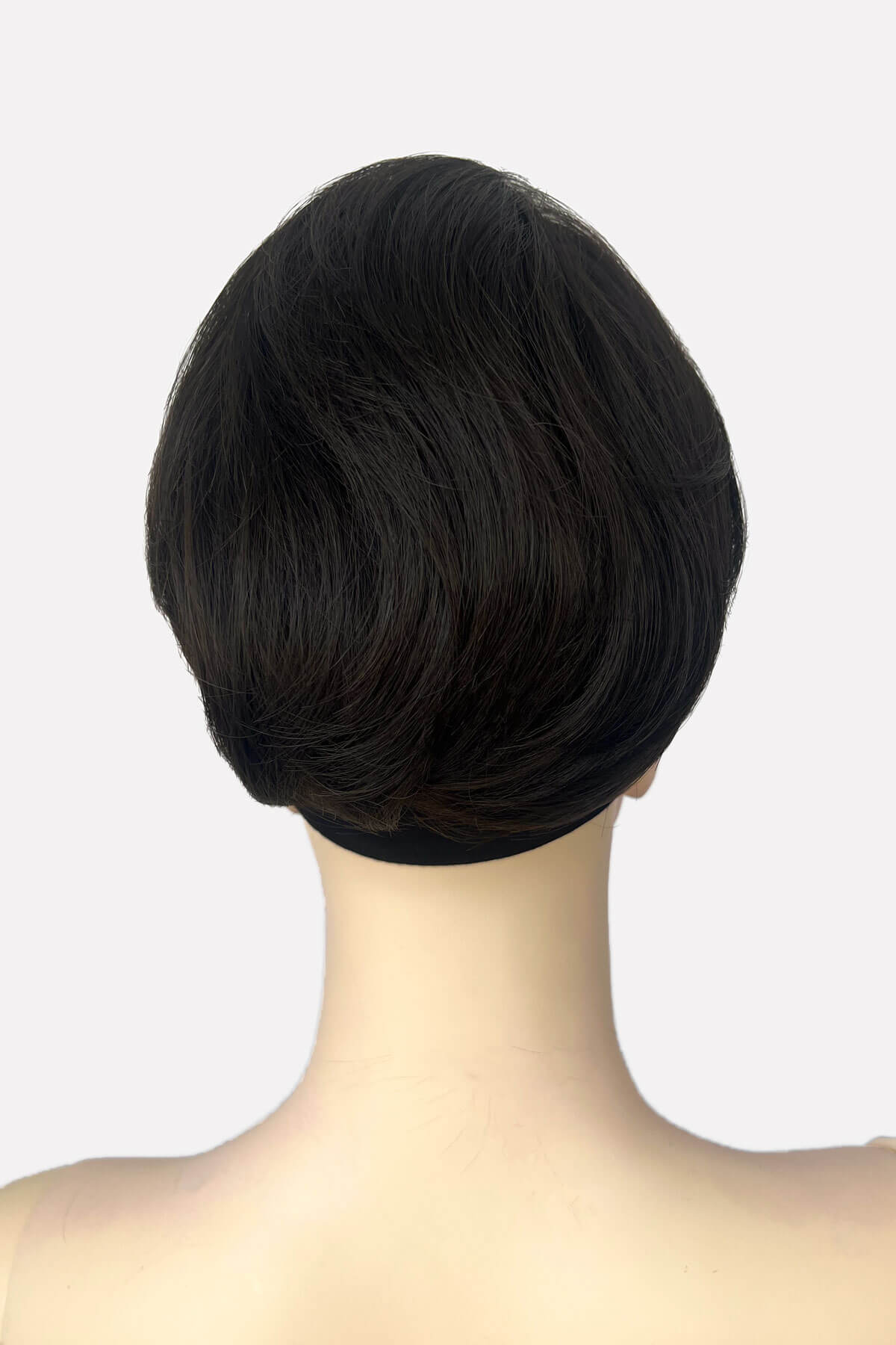 Mannequin with short beehive ponytail hairpiece. Sherri dark brown 4