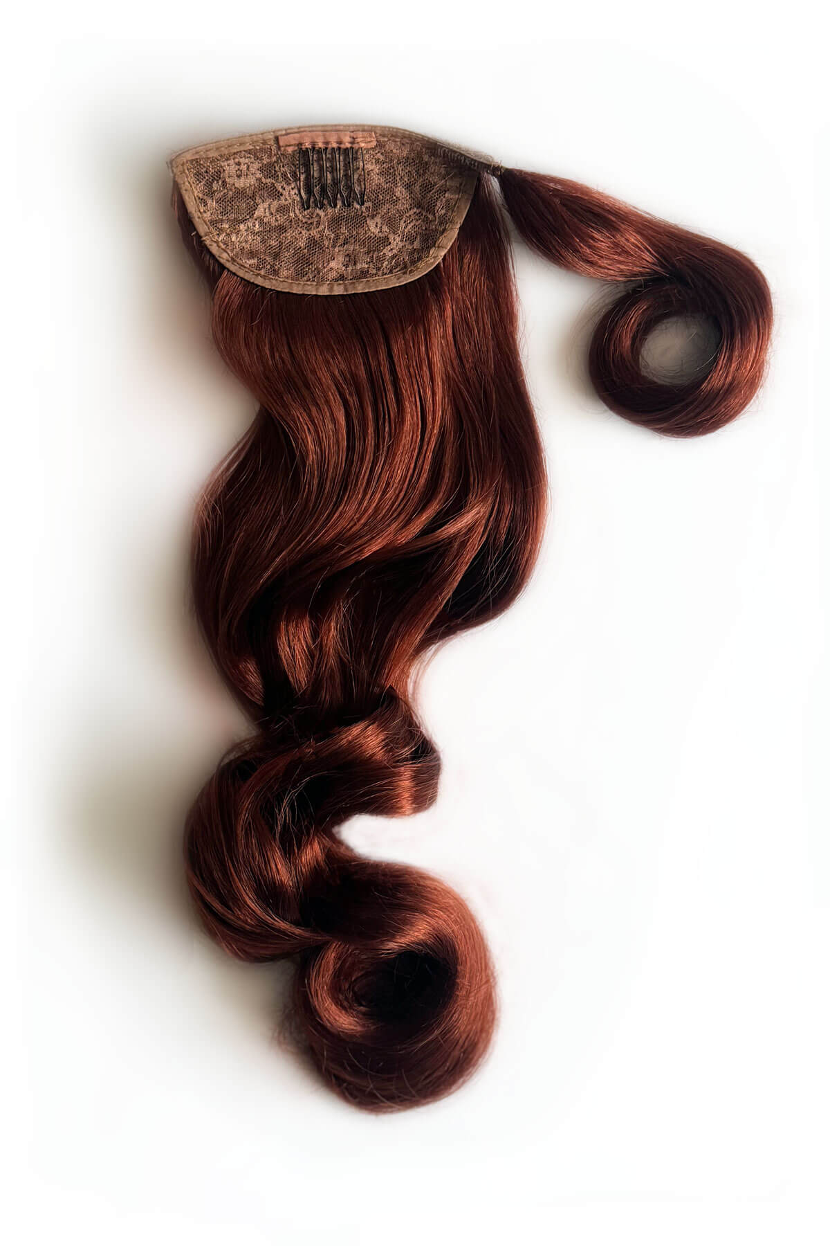 Copper red hair extension on a white background. Long ponytail hairpiece with vintage waves: Kitrysha -copper 130
