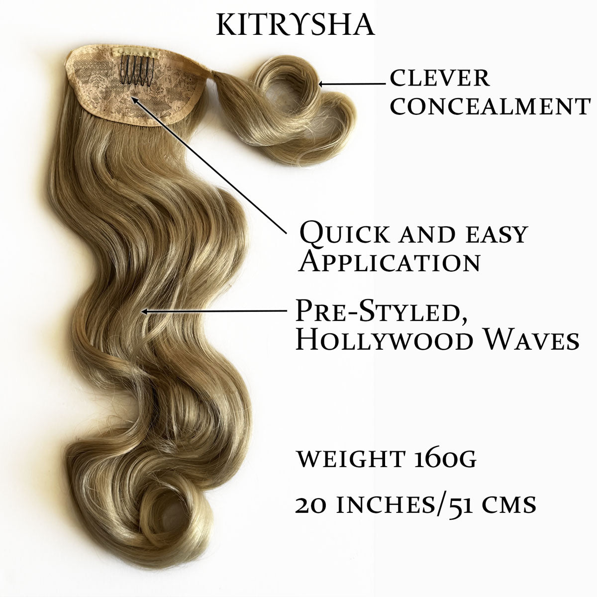 Hair extensions with features labeled on a white background. Long ponytail hairpiece with vintage waves: Kitrysha - blonde 613T24