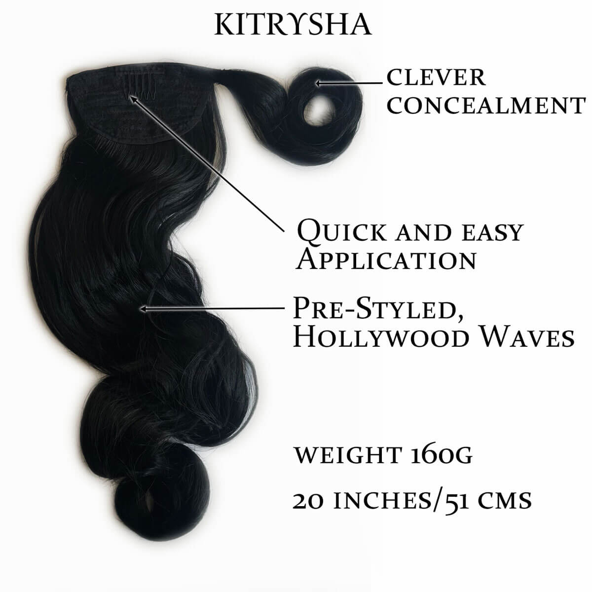 Black hair piece with a white background. Long ponytail with vintage waves: Kitrysha jet black 1. Info image.