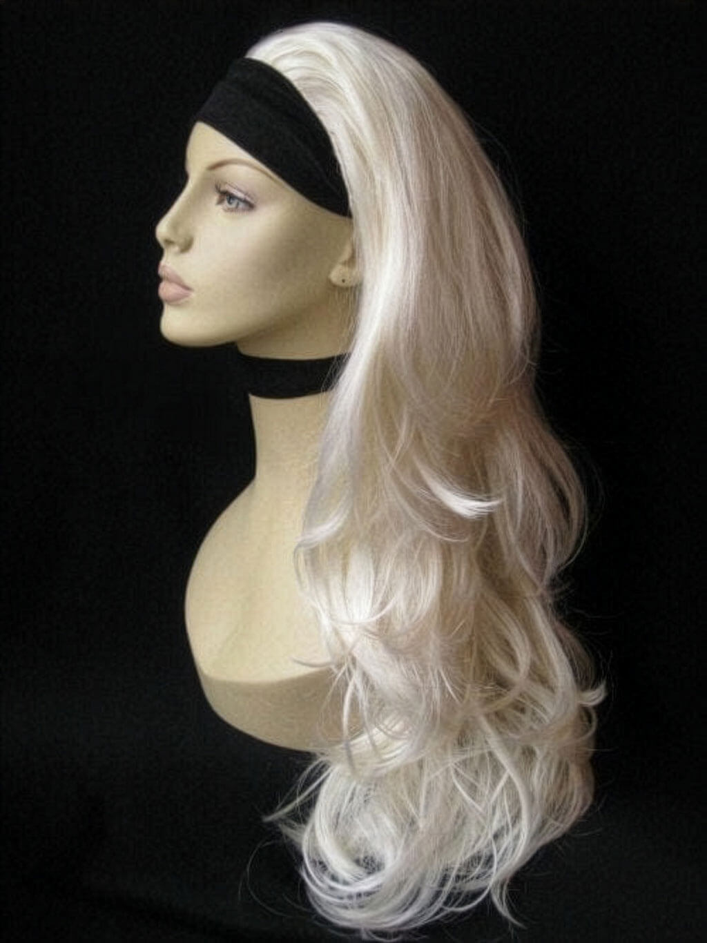 Mannequin head with long blonde wig and black headband on a black background. Annabelle's Wigs synthetic wig Platinum blonde half wig hairpiece (3/4 wig), wavy: Barbie