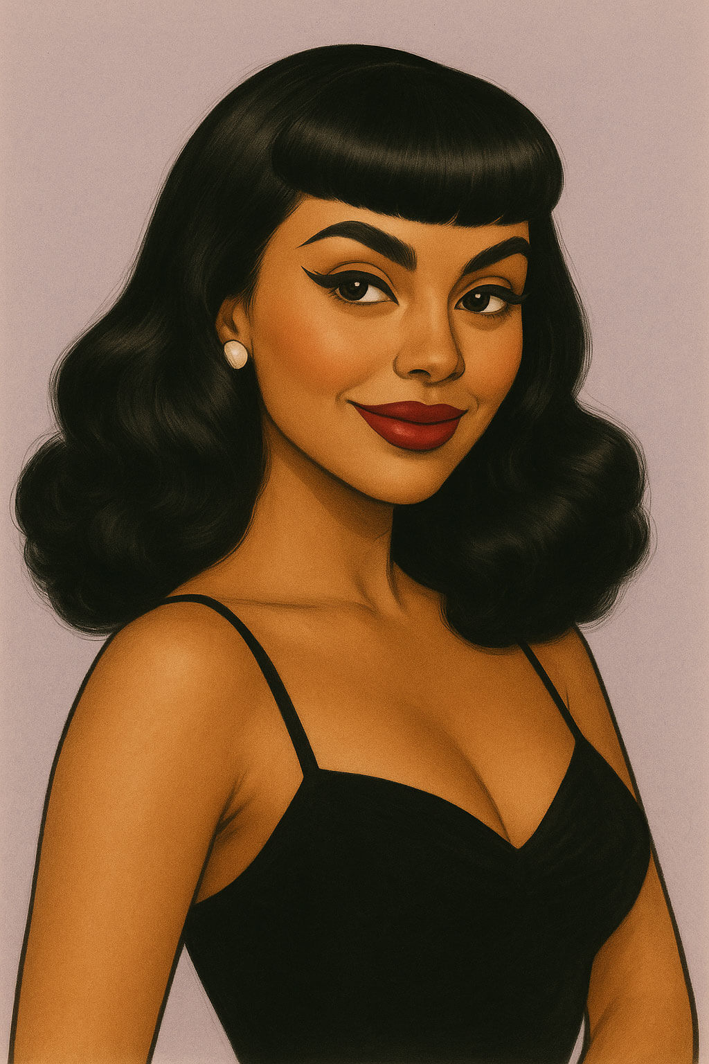 Illustration of a woman with vintage hairstyle and makeup on a plain background. Bettie wig illustration.