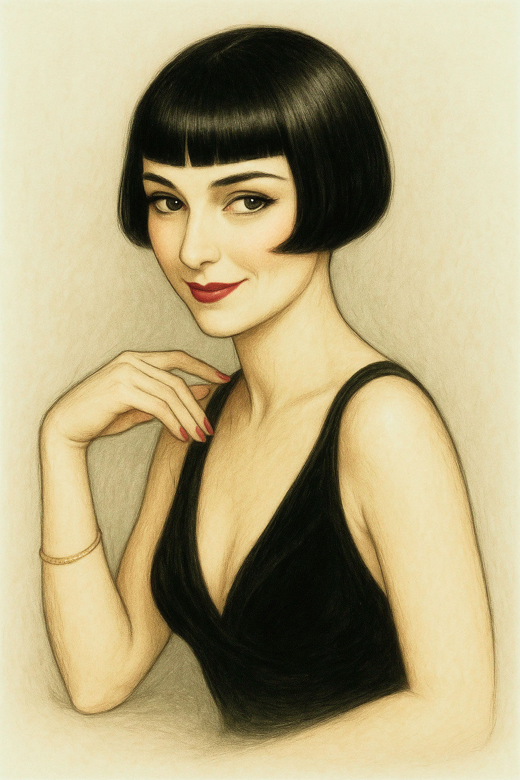 Illustration of a woman with a short black bob hairstyle wearing a black dress. Louise Brooks wig illustration.