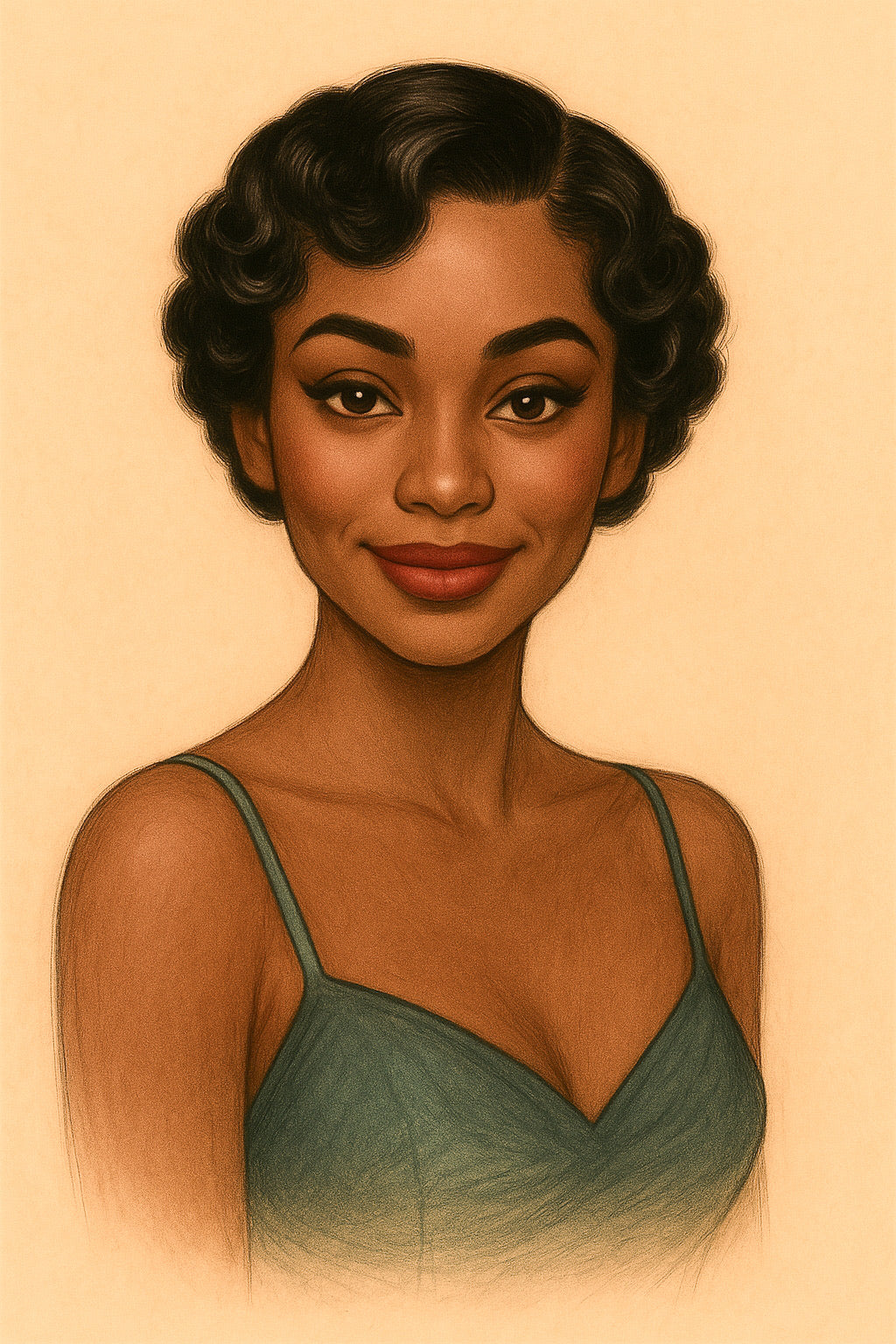 Illustration of a woman wearing a green top on a beige background