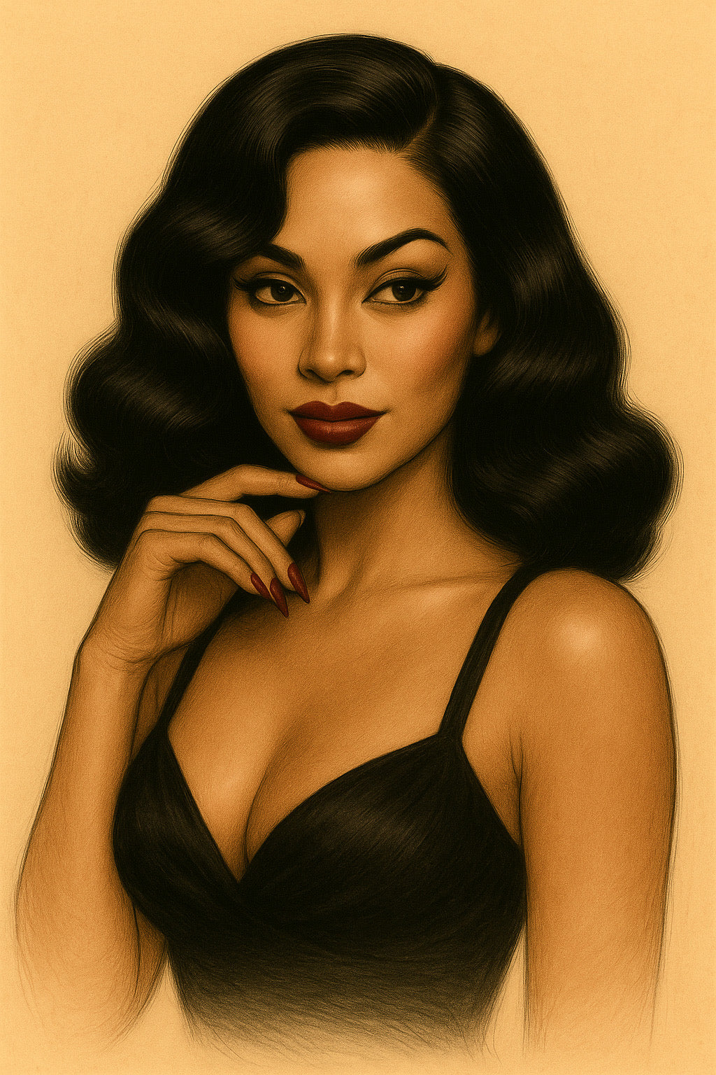 Artistic depiction of a woman with wavy hair wearing a black bralette on a beige background