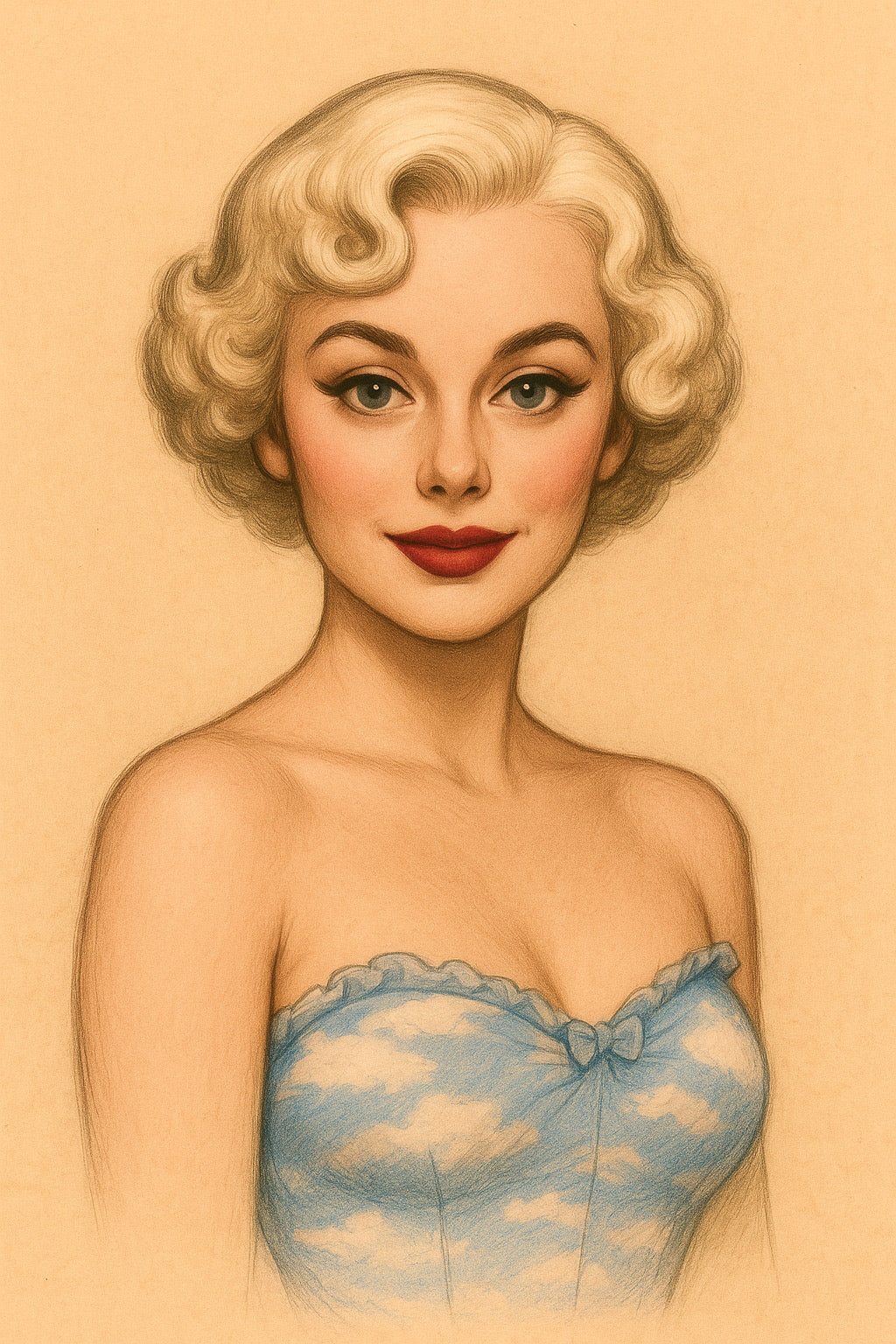Illustration of a woman wearing a strapless dress with cloud pattern on a beige background