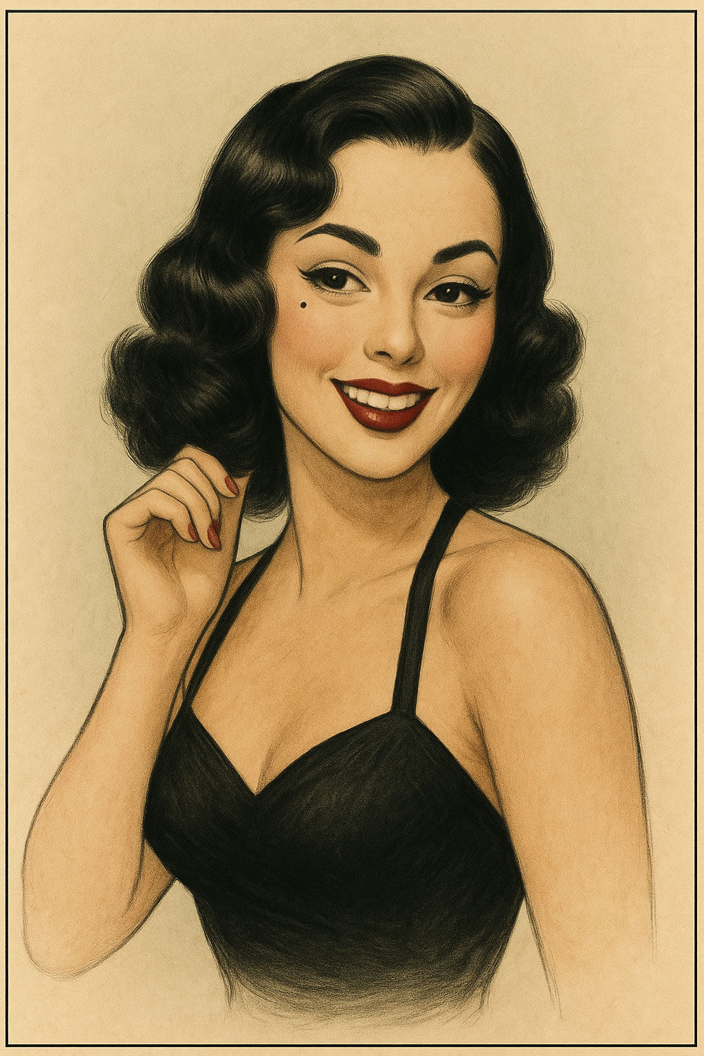 Illustration of a woman wearing a black dress with a vintage style. Etta wig Illustration