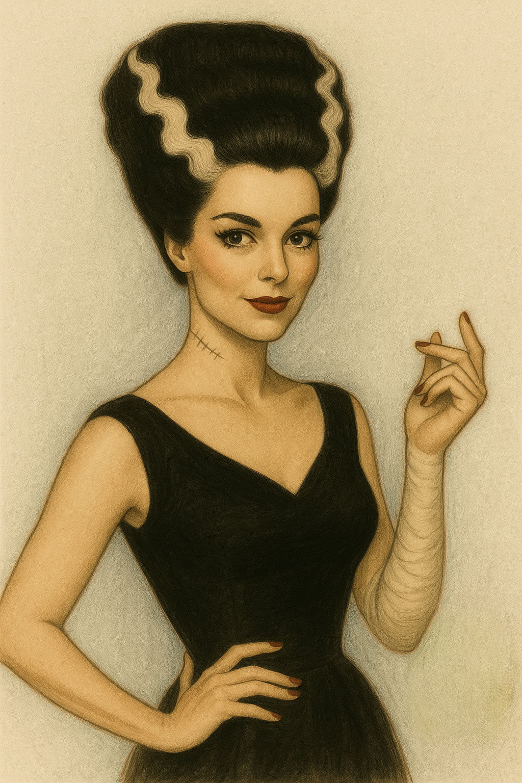 Artistic illustration of a woman in a black dress with a detailed hairstyle on a beige background. 