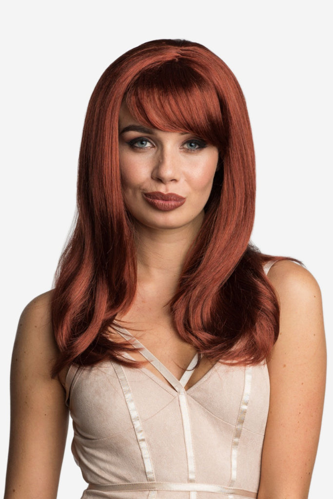 Long copper red wig, razor cut, face frame style: Eleanor