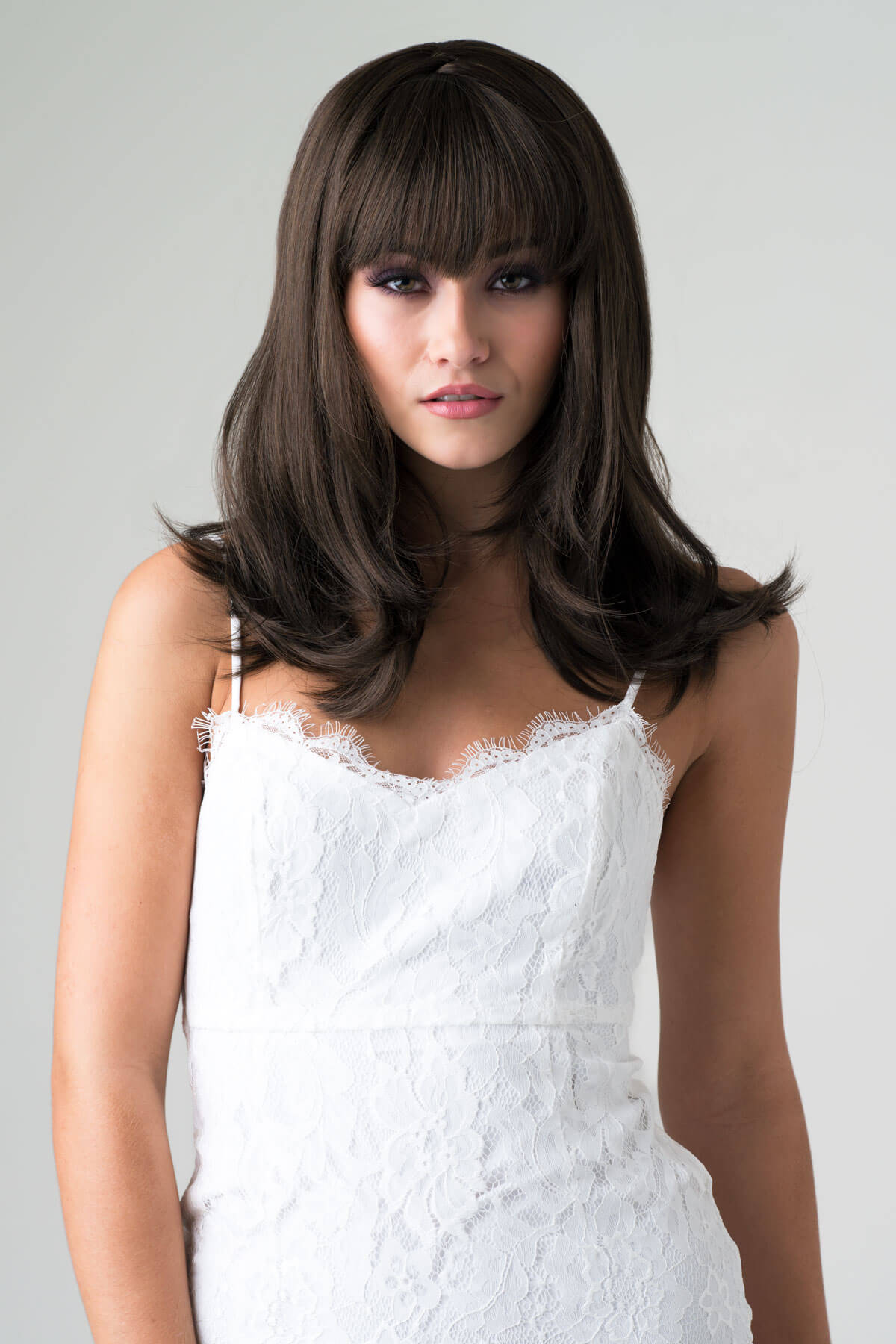 Brown long bob wig, layered with straight fringe: Katia  mocha brown 10