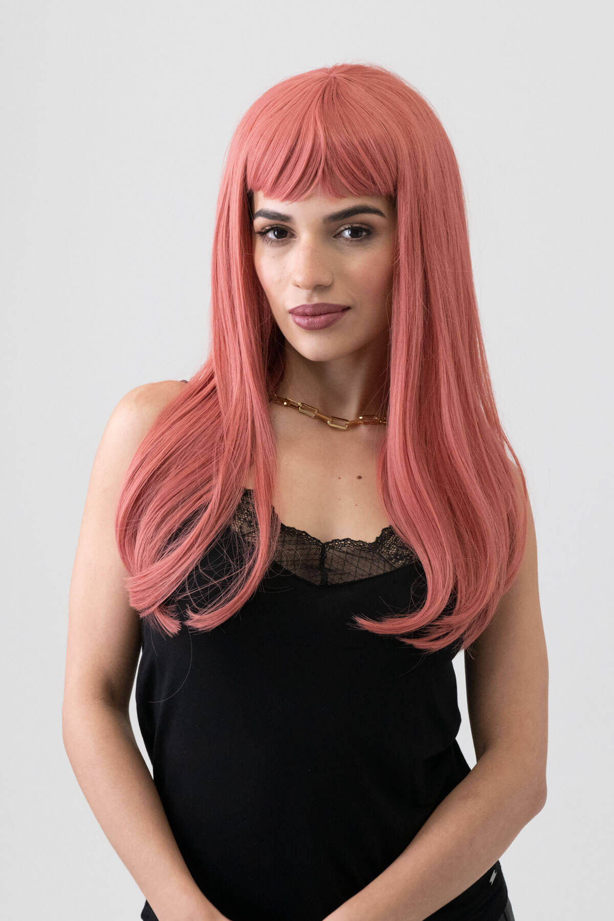 Long Pink Wig With Short, Straight Fringe: Stephanie – dusty dark