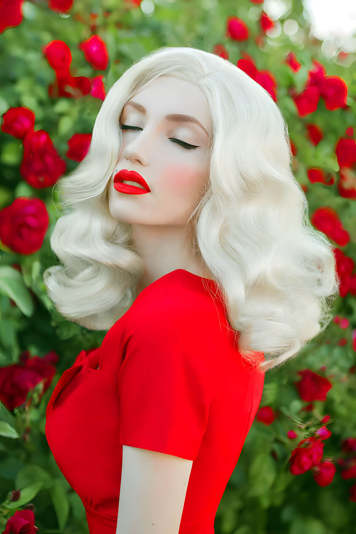 Woman with blonde hair and red lipstick standing in front of red flowers. 40s blonde pinup style wig with marcel waves: Lauren