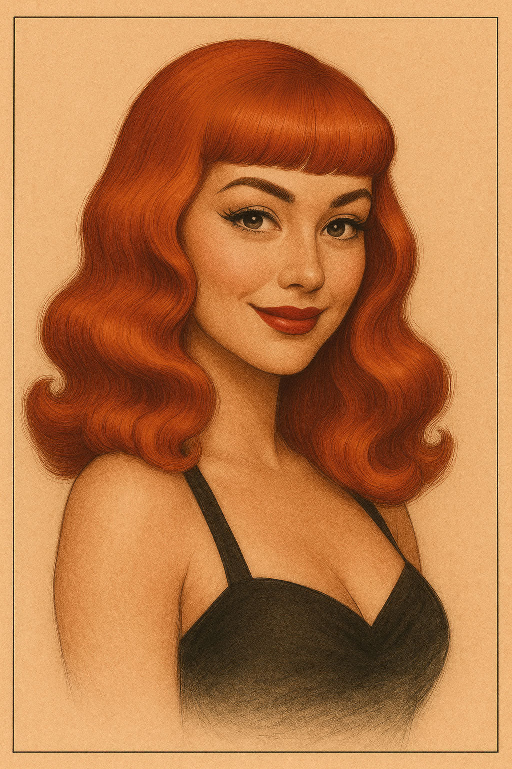 Illustration of a woman with red hair and a black top on a beige background