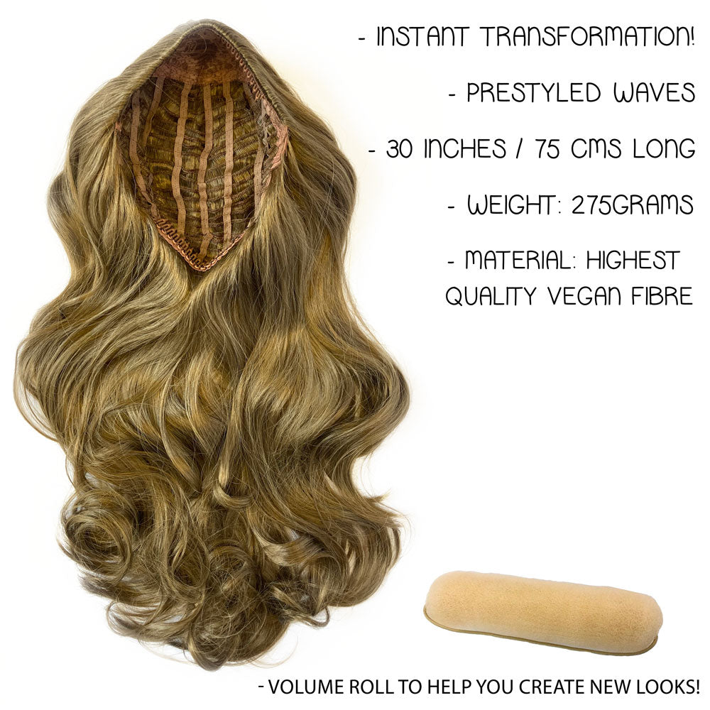 High crown long, wavy half wig and volume ring: Bardot brown and blonde 6H24