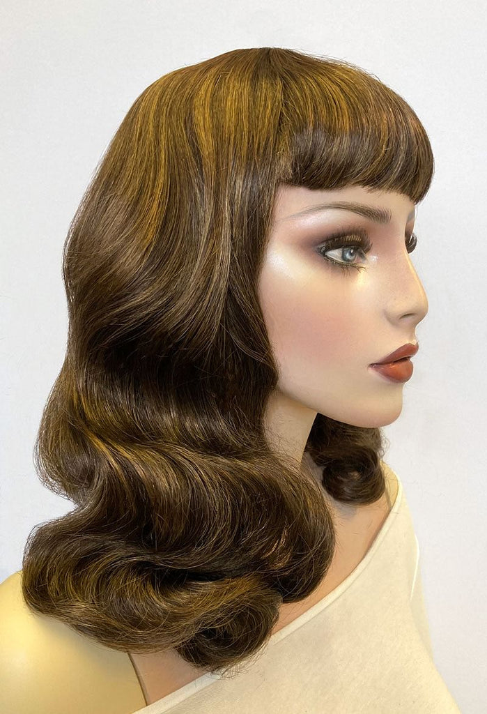 Medium brown pinup style wig, curled with short fringe: Carolina