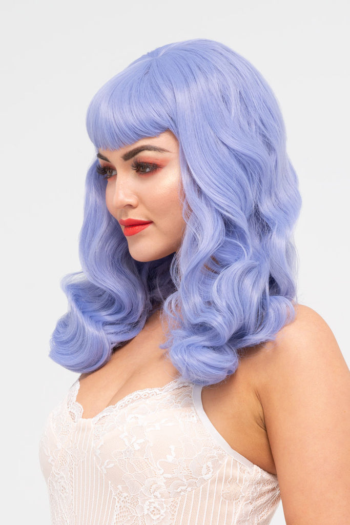 Long blue pinup style wig, curled with short fringe: Ophelia