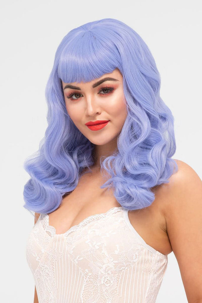 Long blue pinup style wig, curled with short fringe: Ophelia